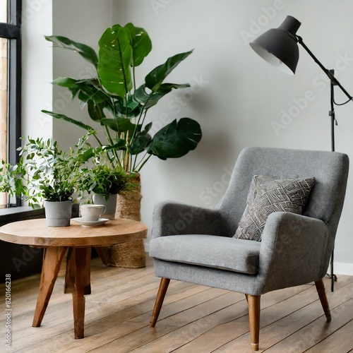 Stylish living room interior. Cozy corner of room for relaxation with gray armchair, wooden coffee table and lush indoor plants to purify the air. AI generated photo
