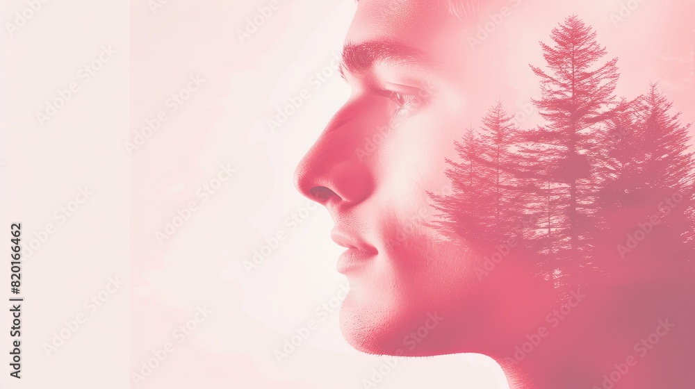 Double exposure combines face and forest. The concept of the unity of nature and man. The vitality of the human soul in nature illustration. Illustration for cover, card, interior design, poster, etc Double exposure combines face and forest. The concept of the unity of nature and man. The vitality of the human soul in nature illustration. Illustration for cover, card, interior design, poster, etc