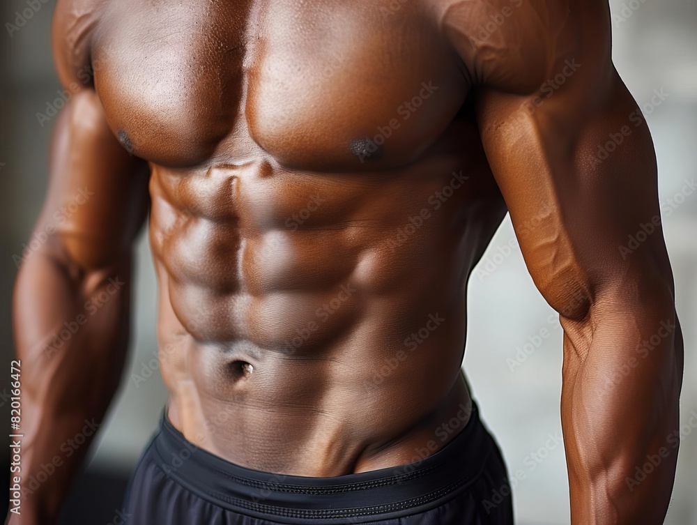 Close-up of a muscular man's torso with defined abs and arms, displaying physical fitness and strength. Close-up of a muscular man's torso with defined abs and arms, displaying physical fitness and strength.