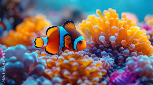 Clownfish and Anemone Symbiosis  Capture the mutualistic relationship between clownfish and sea anemones photo