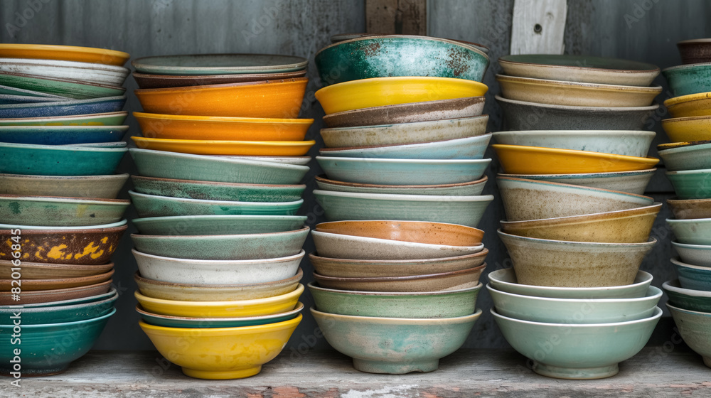 Stacks of colorful ceramic bowls arranged in an organized manner, showcasing variety and craftsmanship in pottery Stacks of colorful ceramic bowls arranged in an organized manner, showcasing variety and craftsmanship in pottery