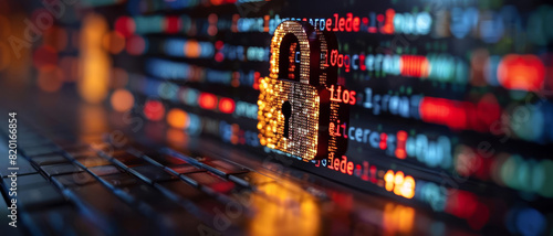 A closeup of a digital padlock icon on a computer screen, symbolizing online privacy protection, with blurred code in the background signifying encryption