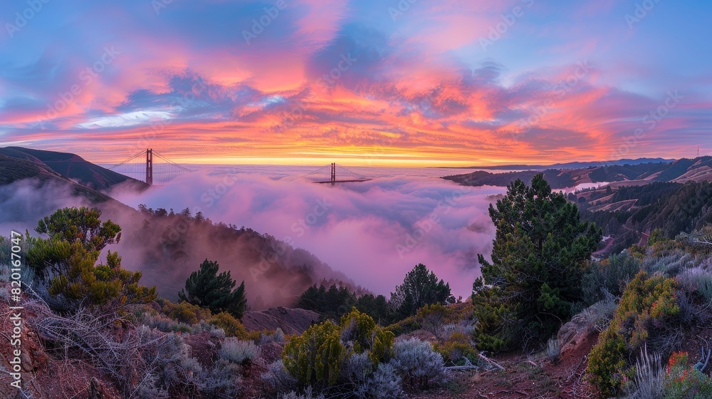 View of the Golden Gate Bridge from a hill at dawn, enveloped in a foggy atmosphere, offering a panoramic view of the surrounding landscape