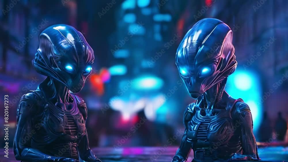 Two futuristic aliens with glowing blue eyes in a neon-lit cityscape. Pair of extraterrestrial beings in a vibrant urban setting. Concept of sci-fi, futuristic, extraterrestrial, and neon lights. Two futuristic aliens with glowing blue eyes in a neon-lit cityscape. Pair of extraterrestrial beings in a vibrant urban setting. Concept of sci-fi, futuristic, extraterrestrial, and neon lights.