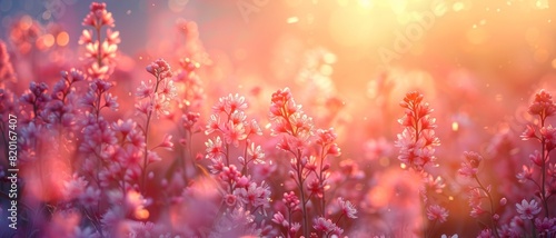 Beautiful pink flowers basking in warm sunset light  creating a dreamy and serene atmosphere in nature.