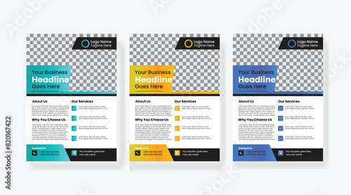 Modern corporate A4 size flyer design with 3 types of colors variations or creative brochure template design for  marketing, business proposal, promotion,
advertise, publication, cover page.