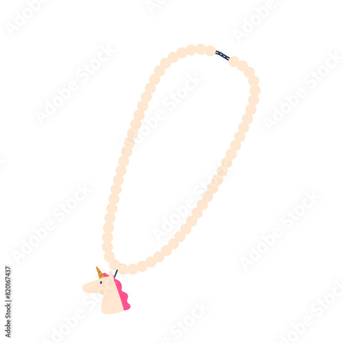 Children Necklace With A Whimsical Unicorn Pendant And Beads. Vector Charming Gifting Accessory Piece Captures The Magic