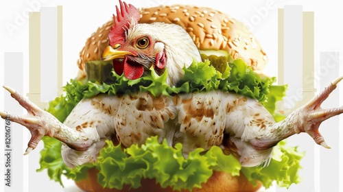 An adult white broiler chicken inside an enormous hamburger with a transparent background, its legs hanging down in front with green lettuce and yellow mustard behind it, high quality
