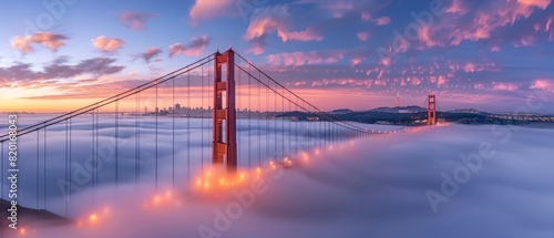 Golden Gate Bridge at dawn, fog creates ghostly effect, waters below calm with a long exposure