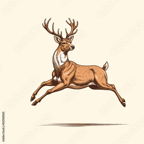 Reindeer Running Illustration Hand Drawn Engraved Deer