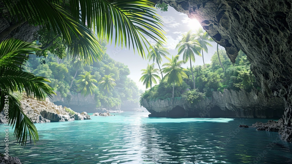 Obraz premium A beautiful view from a mountain cave of a beautiful tropical beach against a serene sea or ocean backdrop. Sunny day. Natural background. Illustration for cover, card, interior design, brochure, etc.