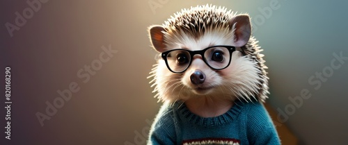 An adorable hedgehog in a knitted sweater and glasses, depicted in a cozy, heartwarming illustration.