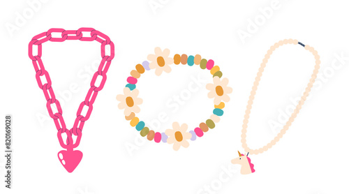 Vibrant Array Of Children Jewelry. Vector Set of Charming Pink Heart-linked Chain, Flower Bracelet, Unicorn Necklace