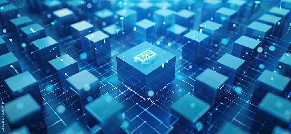 Blue cubes housing futuristic technology for data storage. Blue cubes housing futuristic technology for data storage.