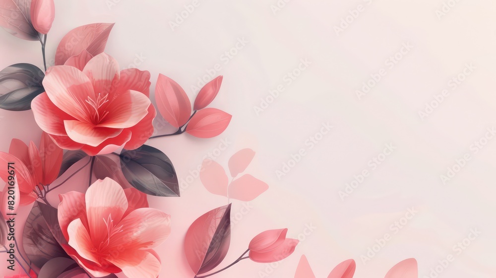 This image features a beautiful and artful illustration of pink flowers with delicate leaves on a soft pastel pink background This image features a beautiful and artful illustration of pink flowers with delicate leaves on a soft pastel pink background