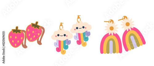 Charming Collection Of Children Jewelry Featuring Kawaii Strawberry Hairpins, Cloud With Rainbow Drops And Earrings