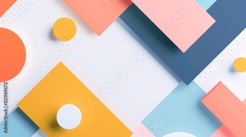 Overhead view of a colorful background with various geometric shapes and shadows, in a pastel color scheme