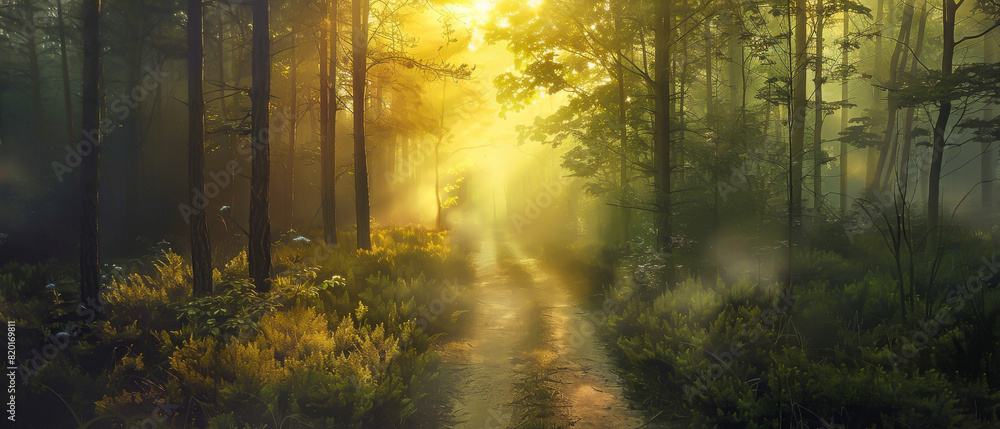 A forest path is illuminated by the sun, creating a serene A forest path is illuminated by the sun, creating a serene