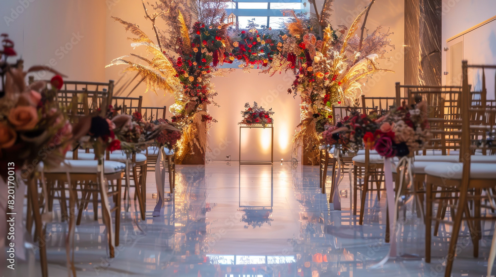 Obraz premium A long, narrow room with a white floor and a long archway in the middle