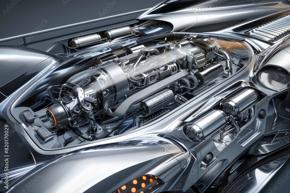 A silver car engine with a futuristic design A silver car engine with a futuristic design
