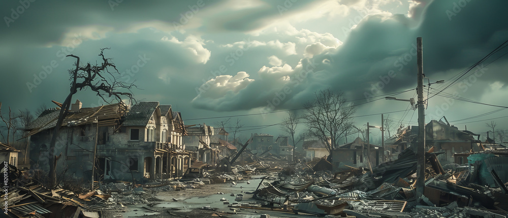 A desolate scene of a destroyed city with a dark sky