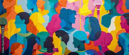 A colorful painting of people with different skin tones and hair colors