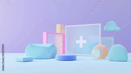 A minimalist 3D rendered scene with various pastel-colored geometric shapes and a translucent frame with a plus sign