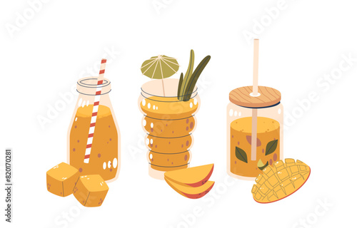 Mango Cocktails In Different Glassware, Decorated With Fresh Mango Slices And Tropical Embellishments, Exotic Drinks