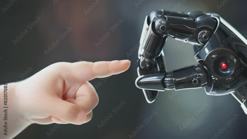 Human and robot hands connect, fingertips touching in a futuristic ...