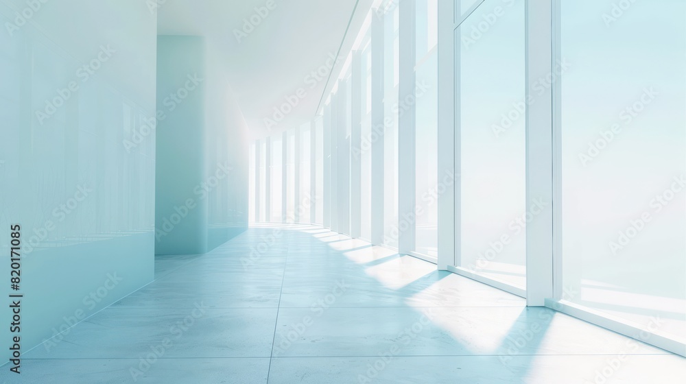 Fototapeta premium A calm and serene corridor with large windows casting soft light on a clean, minimalistic interior design