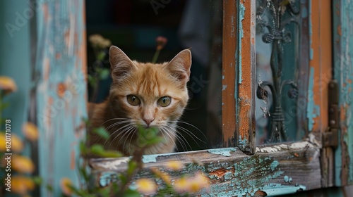 The tiny yellow cat warily glances through the window of the house. photo