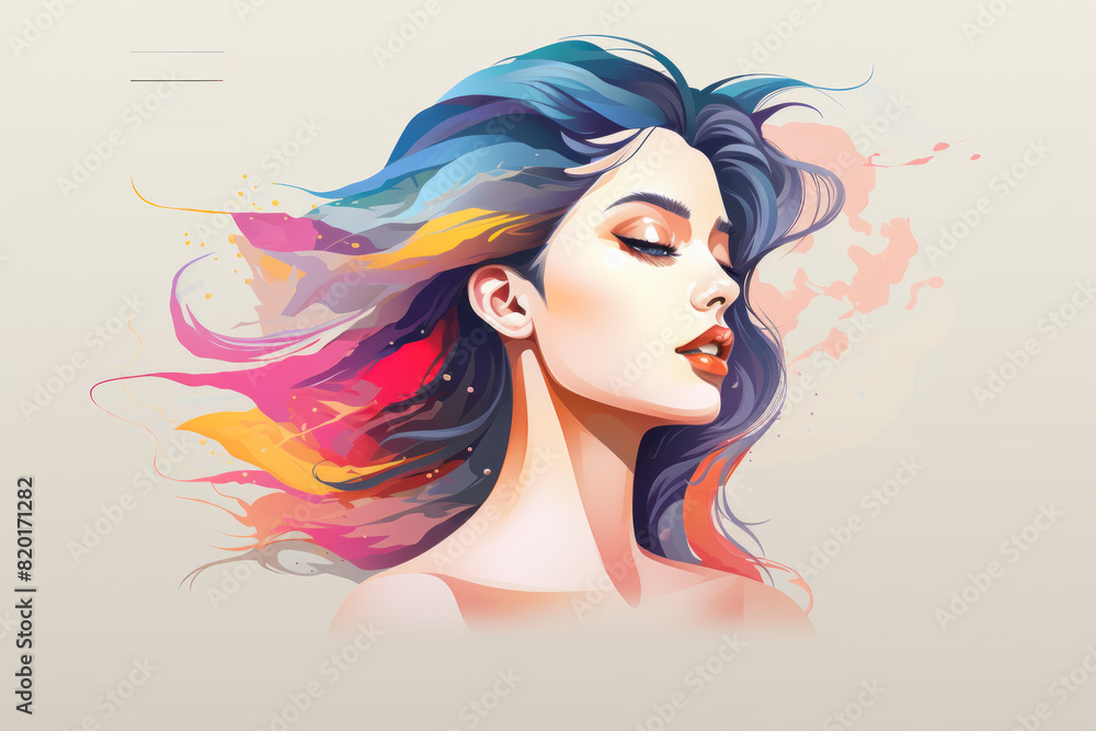 A vibrant painting depicts a woman with her eyes shut, and her hair billowing in the breeze, capturing a sense of movement and emotion A vibrant painting depicts a woman with her eyes shut, and her hair billowing in the breeze, capturing a sense of movement and emotion