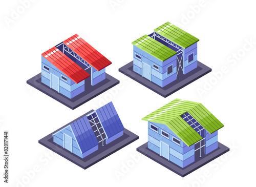 Isometric Vector Houses With Colored Roofs And Metal Frame Structures For Architectural And Real Estate Concepts