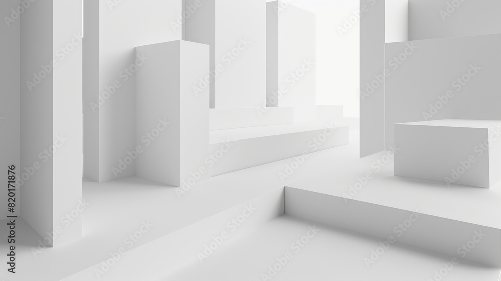 A minimalist 3D rendering of white geometric shapes, with cubes and rectangles arranged in a clean, bright space A minimalist 3D rendering of white geometric shapes, with cubes and rectangles arranged in a clean, bright space