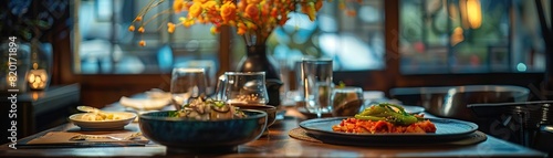 An elegant, dimly lit shot of an intimate dining setting, a table adorned with a variety of kimchi dishes, the warm ambient light enhancing the dining experience, panoramic negativ photo