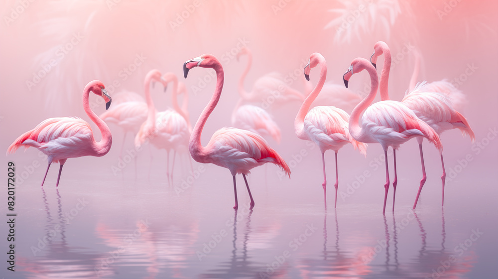 Fototapeta premium Double Exposure, white background of a flamboyance of flamingos in front of a pond illustration ~ Created using Generaative AI