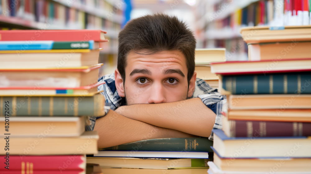 Student rests his head on a table surrounded by stacks of books in a library, depicting exhaustion and study fatigue Student rests his head on a table surrounded by stacks of books in a library, depicting exhaustion and study fatigue