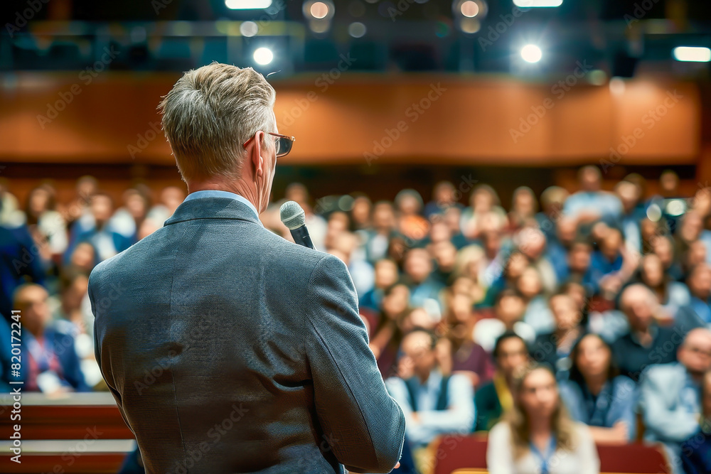 A man stands in front of a crowd, speaking into a microphone A man stands in front of a crowd, speaking into a microphone