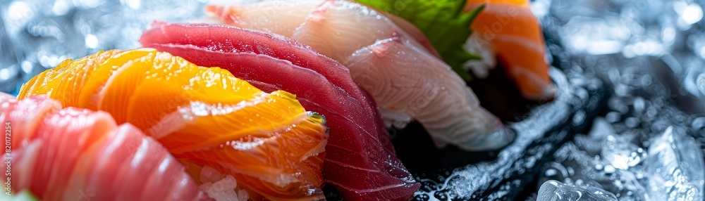 A closeup of a freshly sliced sashimi platter with salmon, tuna, and yellowtail, arranged elegantly on an icefilled, dark slate plate A closeup of a freshly sliced sashimi platter with salmon, tuna, and yellowtail, arranged elegantly on an icefilled, dark slate plate
