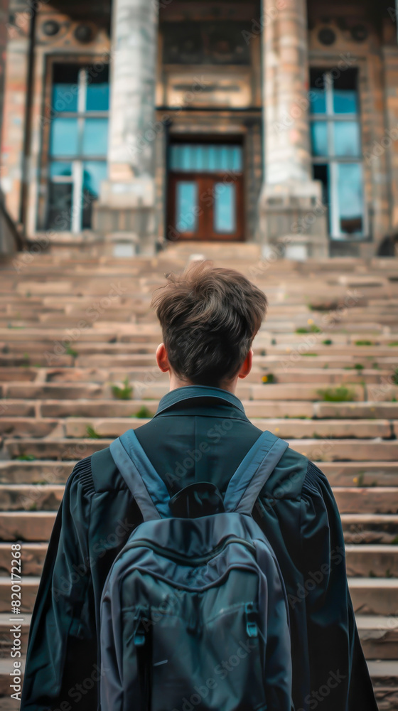 A young man wearing a black suit and backpack stands on a set of stairs