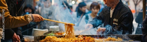 A classic street view of a yakisoba vendor flipping noodles on a hot griddle, with bystanders watching the skilled movements photo