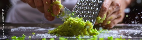 A closeup of a Japanese chef finely grating wasabi on a sharkskin grater, with focus on the vibrant green paste and traditional technique photo