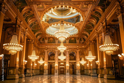 A large  ornate room with chandeliers hanging from the ceiling