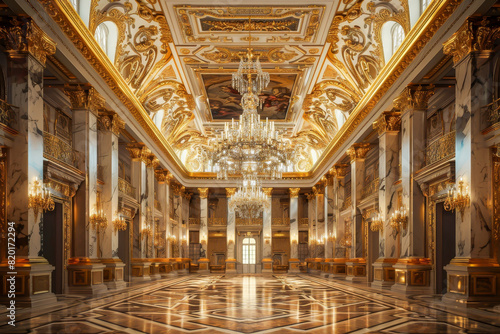 A large, ornate room with a chandelier hanging from the ceiling © Napat