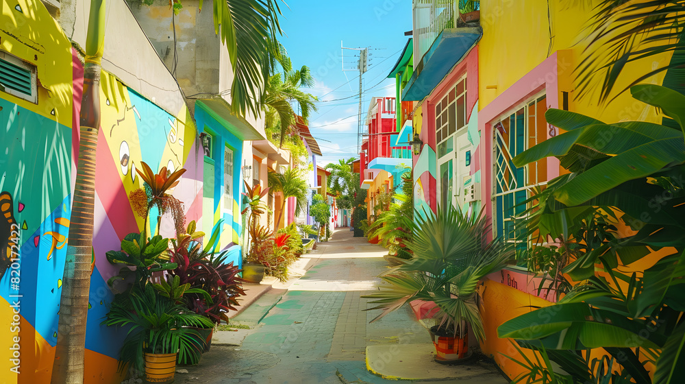 A brightly painted alley in a Caribbean town with tropical plants and vivid murals.