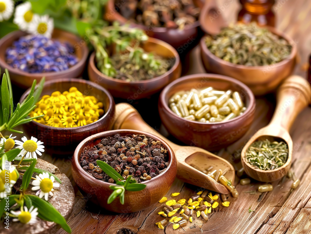 A variety of herbs and spices are displayed in wooden bowls on a wooden table A variety of herbs and spices are displayed in wooden bowls on a wooden table