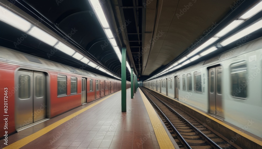 A vacant subway platform captured in a moment of stillness, featuring a glossy red train stationary beside the yellow line.