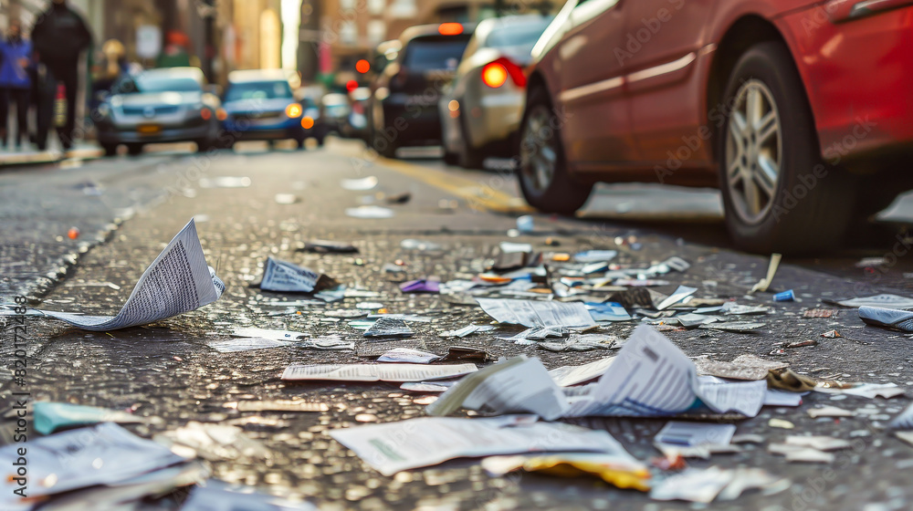 A busy street with a lot of trash on the ground