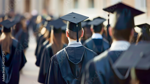 A group of people wearing graduation caps and gowns are walking down a hallway