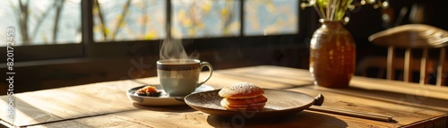 A cozy corner of a Japanese cafe, with a plate of dorayaki pancakes filled with sweet adzuki bean paste, accompanied by a cup of steaming coffee
